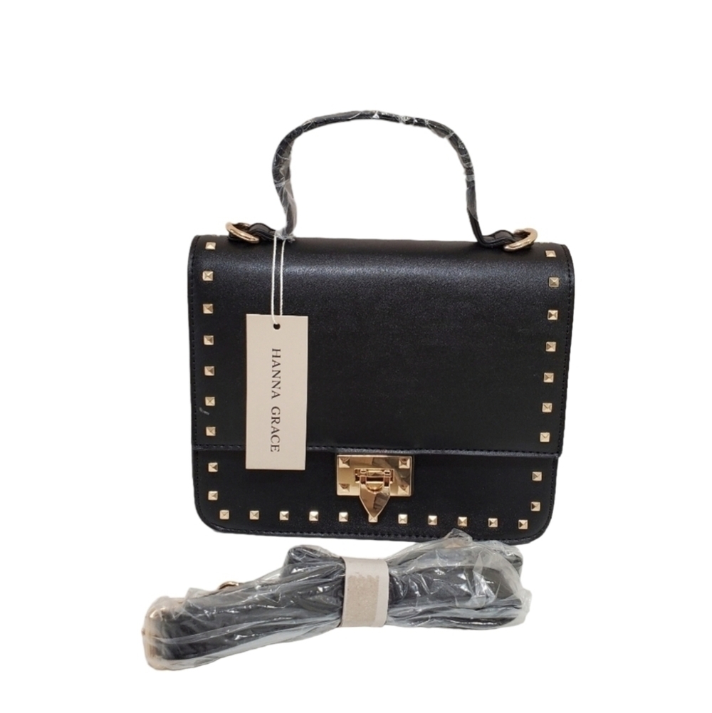 HANNA Grace Black With Gold Stud Trim Shoulder Purse Handbag - Picture 2 of 9